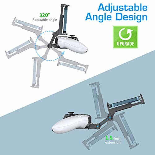 Adjustable remote control holder with 320-degree rotatable angle and 1.5-inch extension.