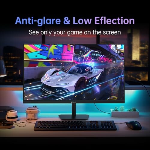 Gaming monitor with anti-glare feature displaying a racing game.