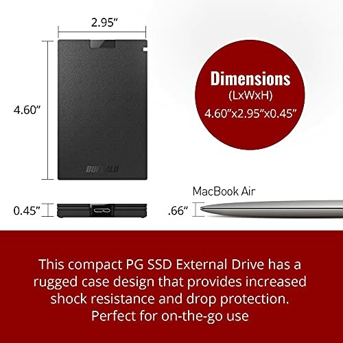 Compact PG SSD External Drive dimensions and features.