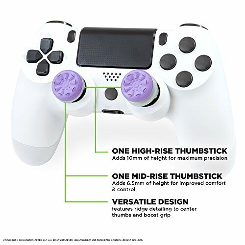 White game controller with purple thumbstick extenders and labeled features.