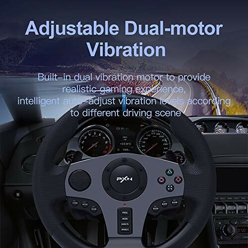 Steering wheel with dual-motor vibration feature for gaming.