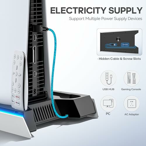 Electricity supply device with USB hub, gaming console, PC, and AC adapter connections.