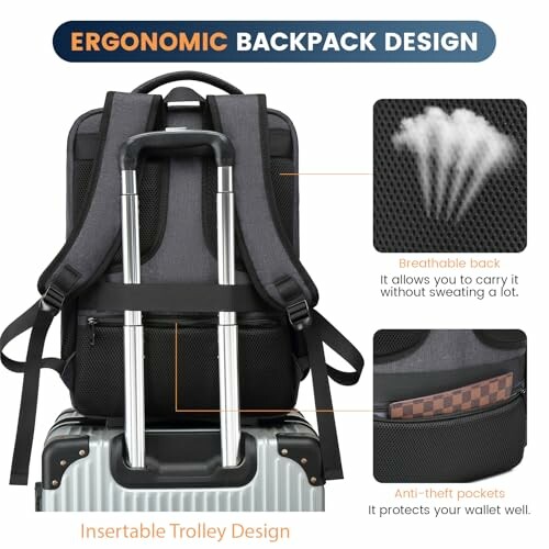 Ergonomic backpack design with insertable trolley, breathable back, and anti-theft pockets.