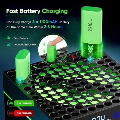 Device showcasing fast battery charging for two batteries simultaneously.