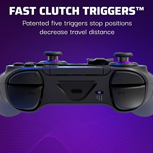 Game controller with fast clutch triggers and patented five trigger stop positions.