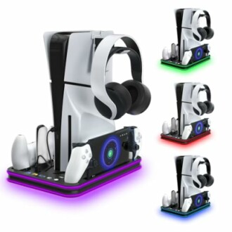 Gaming console stand with headphones and controllers, illuminated in different colors.