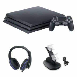 Gaming console with controller, headphones, and charging stand.