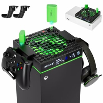 Gaming console cooling fan with controller and headset holders.