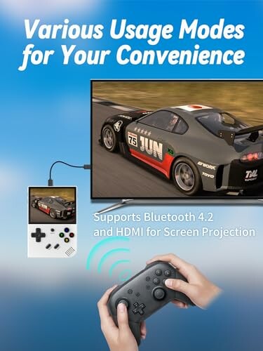 Gaming console connected to TV via HDMI with Bluetooth controller.