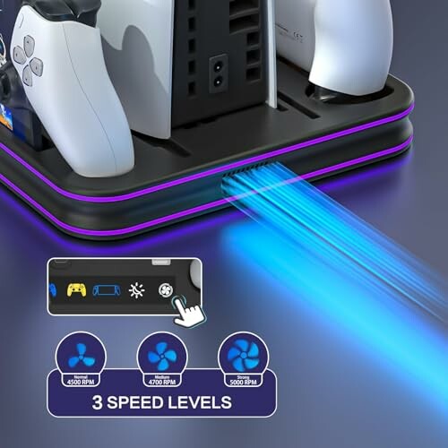 Gaming console cooling stand with controllers and speed level display.