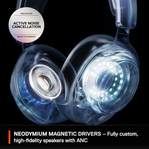 Transparent headphones showcasing neodymium magnetic drivers with active noise cancellation.