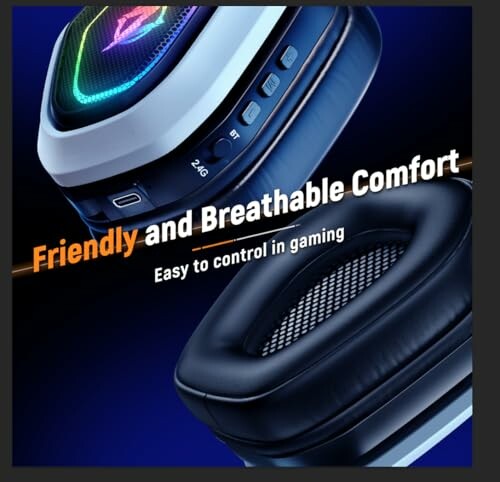 Close-up of a gaming headset with text: 'Friendly and Breathable Comfort, Easy to control in gaming'.