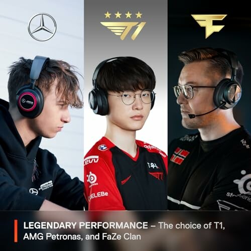 Three gamers wearing headsets from Mercedes, T1, and FaZe Clan.