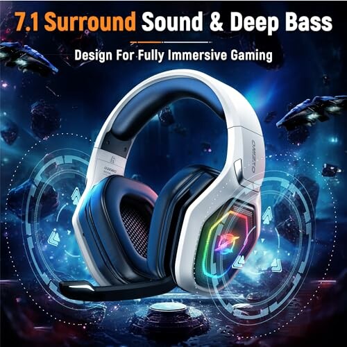 Headset with 7.1 surround sound and deep bass for immersive gaming.