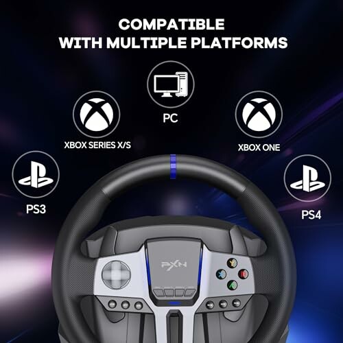 Gaming steering wheel compatible with PC, Xbox Series X/S, Xbox One, PS3, and PS4.