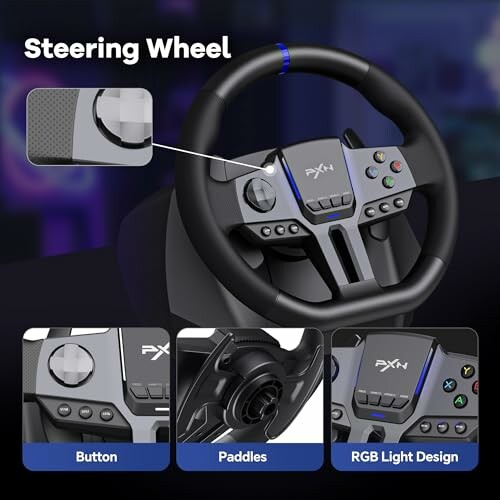 Gaming steering wheel with buttons, paddles, and RGB light design.