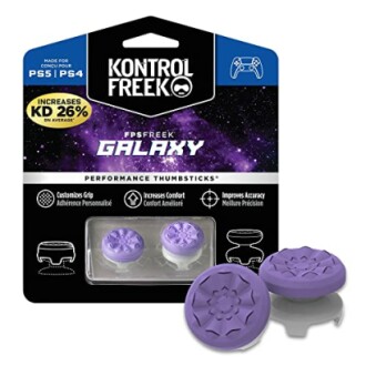 KontrolFreek Galaxy Performance Thumbsticks for PS5/PS4, purple color, packaging shows increased control and accuracy benefits.