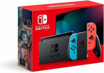 Nintendo Switch console box with red and blue Joy-Con controllers, highlighting its attractive packaging