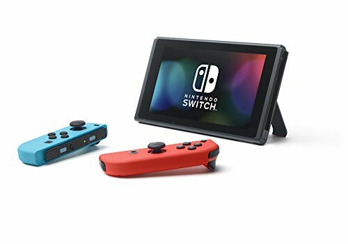 Nintendo Switch console with blue and red Joy-Con controllers, showcasing family gaming fun