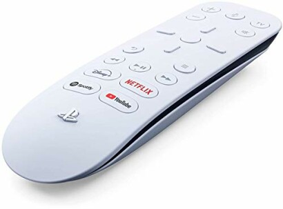 White PlayStation media remote with streaming service buttons.