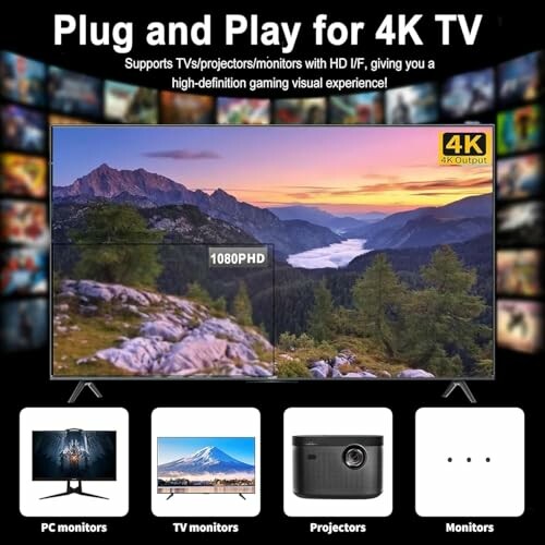 Plug and play for 4K TV with screen displaying mountains and compatibility icons for PC, TV, projectors, and monitors.