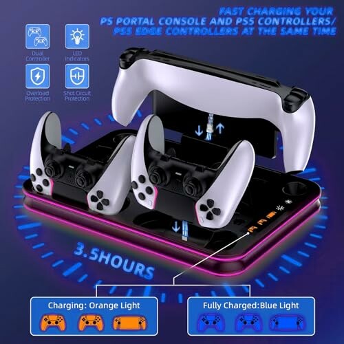 PS5 controller charging station with fast charging feature and LED indicators.