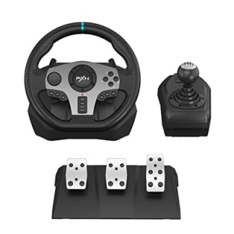 Racing wheel, pedals, and gear shifter set for gaming.