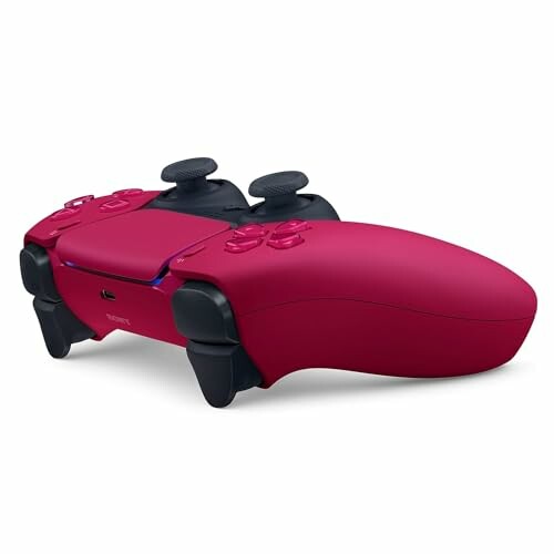 Red gaming controller with black buttons and joysticks