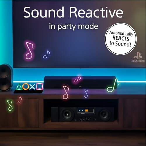 Sound reactive speaker system in party mode with neon music notes.