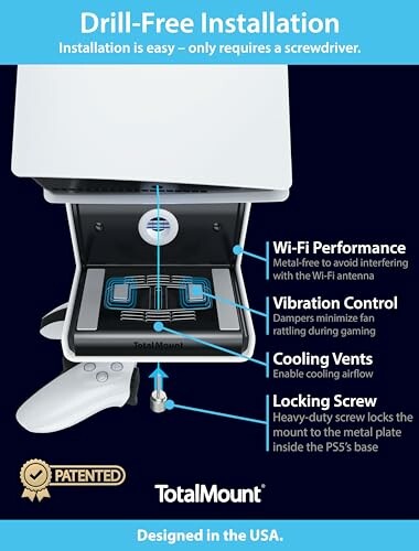 Drill-free installation guide for PS5 TotalMount with features highlighted.