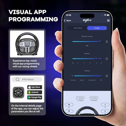 Hand holding a smartphone displaying a visual app programming interface for a racing wheel.