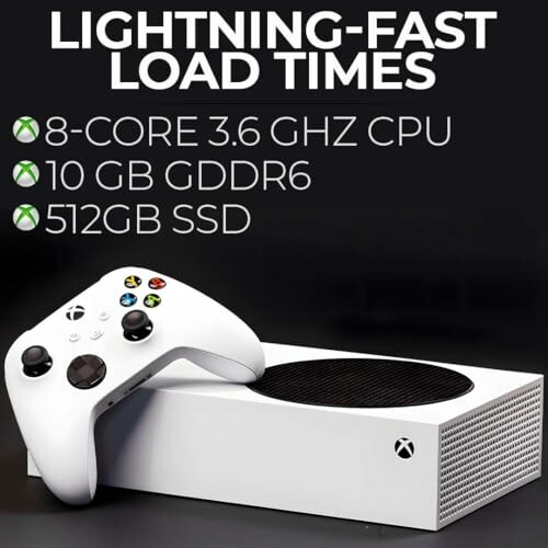 Xbox Series S console with specifications: 8-core 3.6 GHz CPU, 10 GB GDDR6, 512GB SSD.